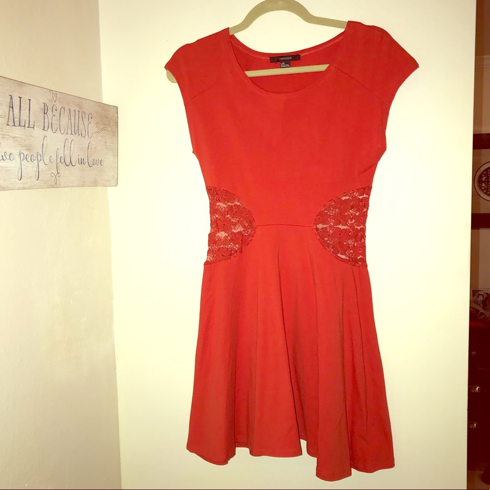 Forever 21 red mini dress with lace sides size L